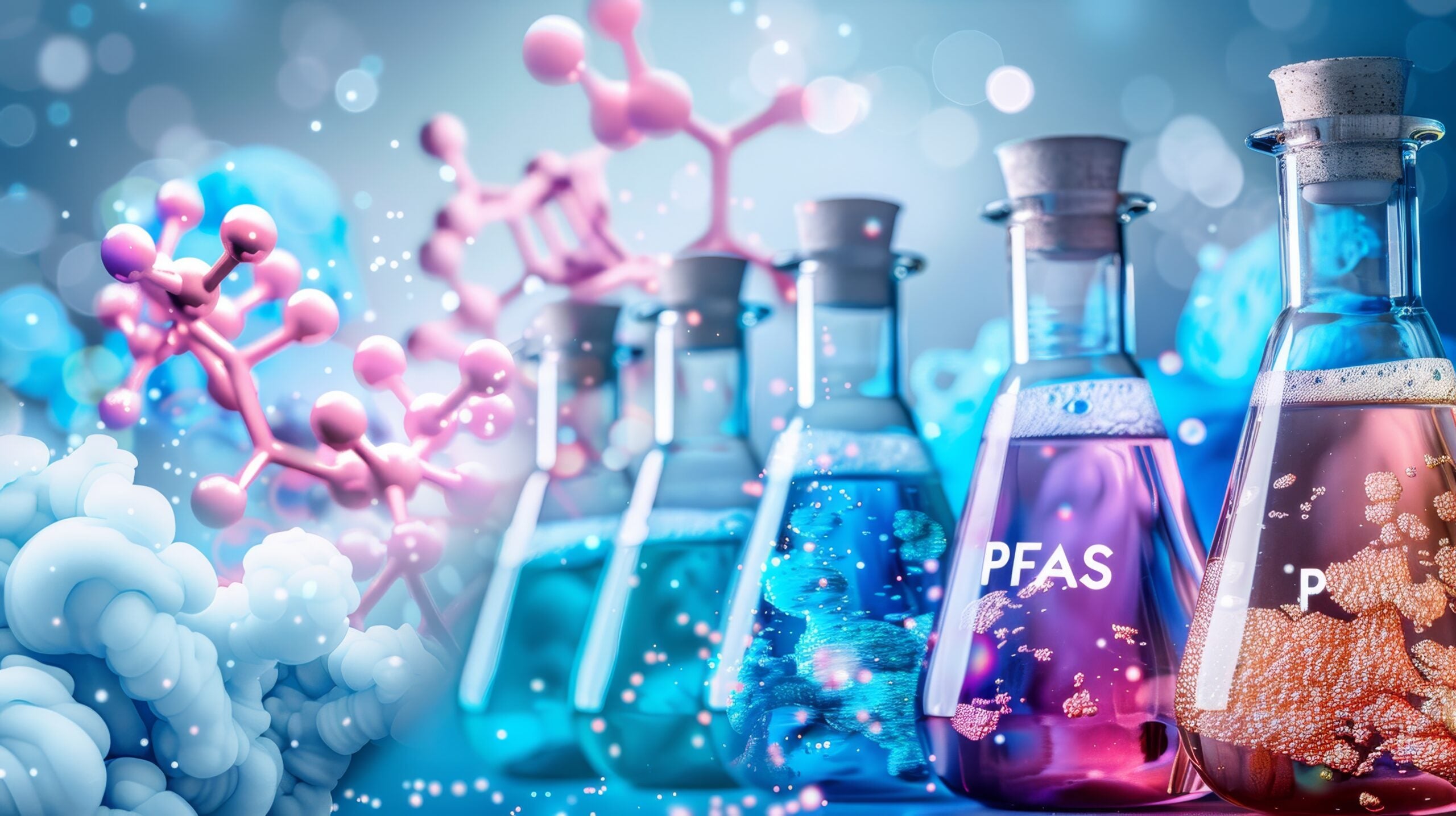 A bunch of glass lab containers holding PFAS chemicals